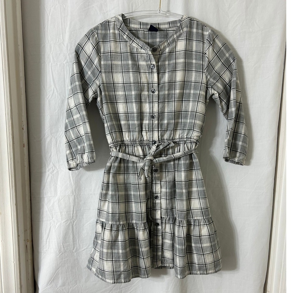 Gap Kids Girls Grey White Plaid Button Front Tiered Shirt Dress Size L 10
